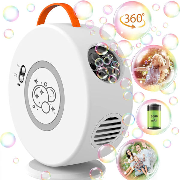 Automatisk roterande bubbelmaskin USB uppladdningsbar automatisk bubbelblåsare för barn småbarn inomhus utomhus födelsedagsfester leksaker vit