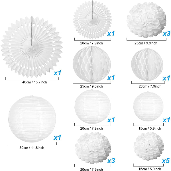 Pappersboll fluffig blomma vit bröllopsdekoration, 20 stycken papper fluffig sidenboll hängande, retro lampa fluffig honeycomb bröllop födelsedag eller baby White