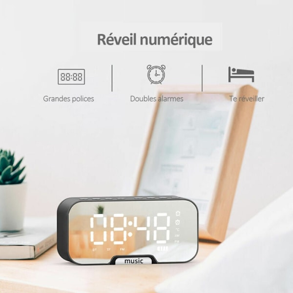 5-i-1 Multifunktionell Klocka, Elegant Spegel LED-Display Väckarklocka Med Dubbla Alarm För Flickor Vuxna, Stöd För TF-kort, Bluetooth-Högtalare