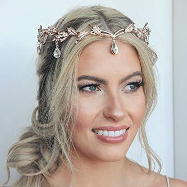 Blad Bröllop Tiara Krona, Rhinestone Kristall Brudkrona