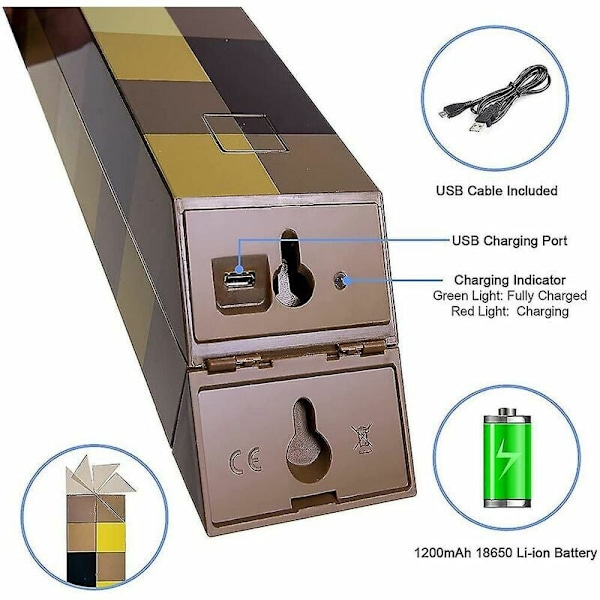 Samlarfackla, Högkvalitativ Minecraft-inspirerad Nattlampa i Plast, Batteridriven med Automatisk Avstängningsfunktion, Stark LED-belysning För