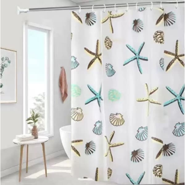 Lättskött och ren duschdraperi med förstärkta öljetter, polyestertygdraperi i hotellstil, snäppfäste inspirerat av Oceanic-tryck för