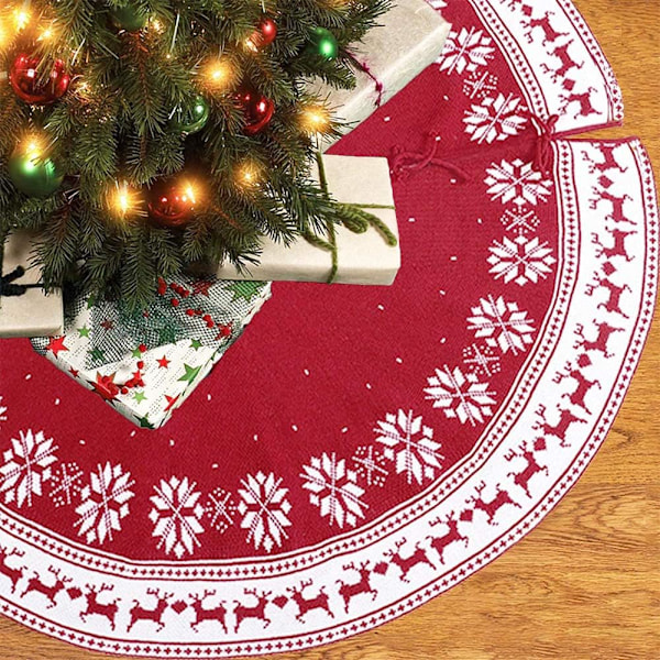 Julgransmatta i lantlig stil, snöflinga renmönster premiumkvalitet stor röd stickad julgransmatta för vinterdekoration,