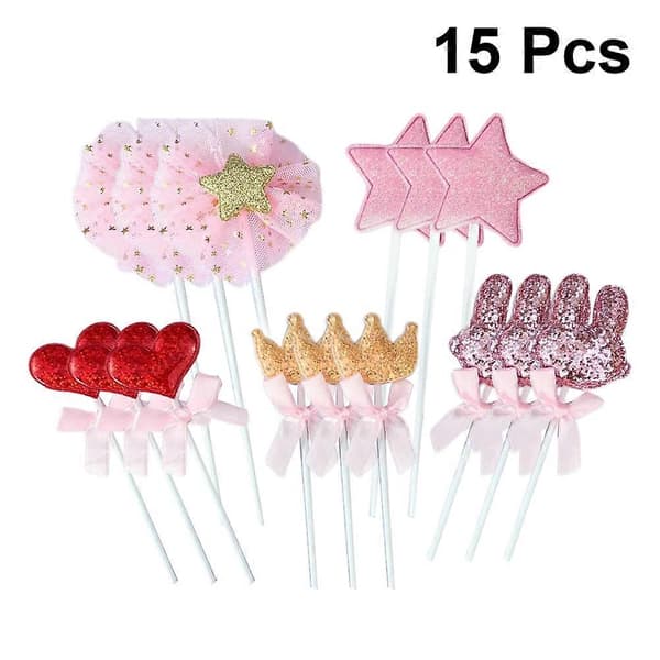 Kakepynt til bursdagskake, 15 stk. assorterte farger med stjerne- og krondesign