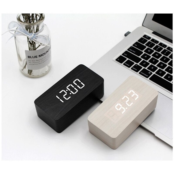 Elegant digital väckarklocka i trä, dubbel alarmfunktion med snooze, stor LED-display för tydlig tidsvisning, dekorativ design för alla