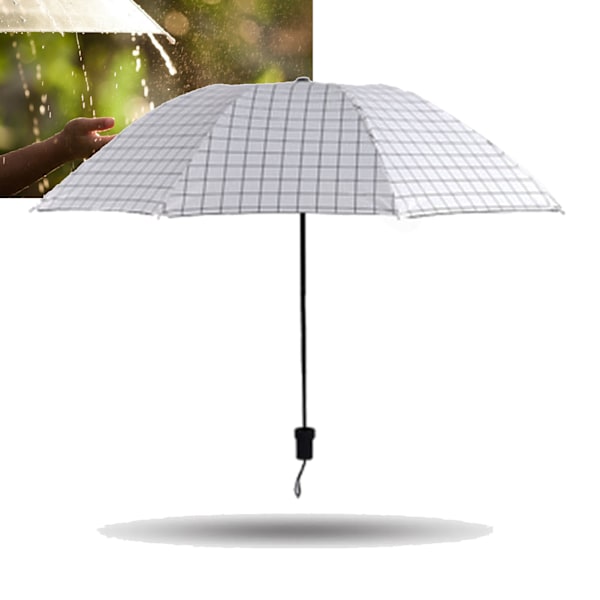 Bärbart Paraply Tri Fold 8 Ribbor Regn Sol Dubbel Användning Vindtätt Vikbart Rutmönstrat Paraply för Utomhusresor Vit