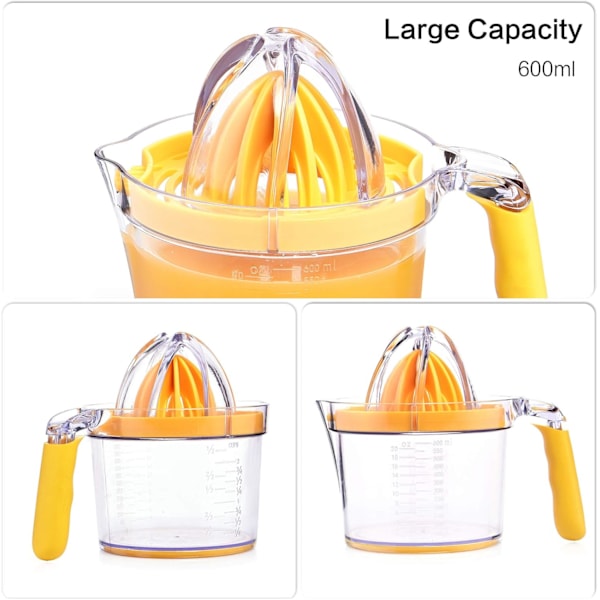 Citruspress, Manuell Handpress med Inbyggd Mätkopp, 590ml, Livsmedelsgodkänd ABS, Säker & Hållbar, Halkfri Bas, Idealisk för Citron och Apelsin