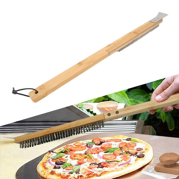Lang pizzaovnsbørste med skrapefestede metallbørster Pizzabørste Avtakbar pizzabørste med treskaft