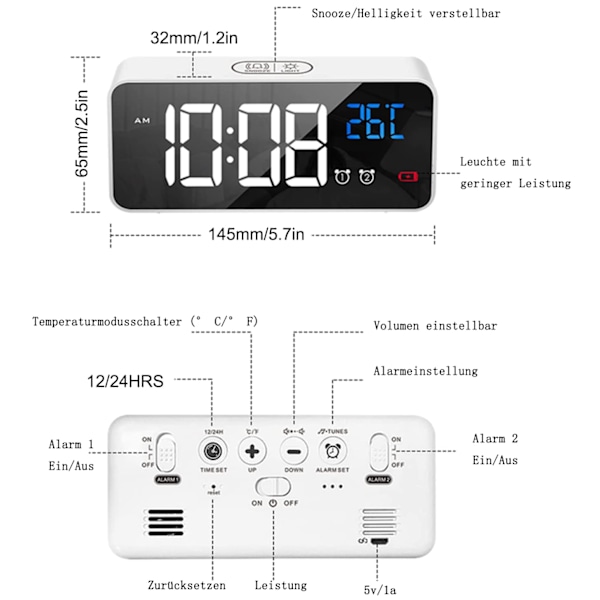 Digital Väggklocka, Automatisk Dimning LED Spegel Stor Display, Dubbla Alarm med Snooze-funktion, Röststyrningsaktivering för Sovrumsinredning