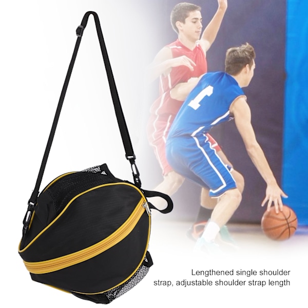 Rundt Mesh Basketball Bag Oxford Stoff Fotball Oppbevaringspose for Innendørs Trening SportSvart Stoff med Gule Kanter