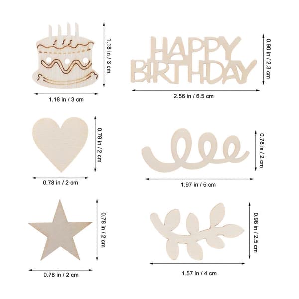 Bursdagskake trefigurer til dekorasjon 150 stk ubehandlede miniformer beige