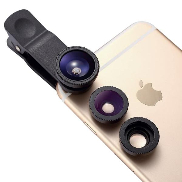 3-i-1 Universal Fisheye Vidvinkel Makro Clip Kameraobjektiv Kit