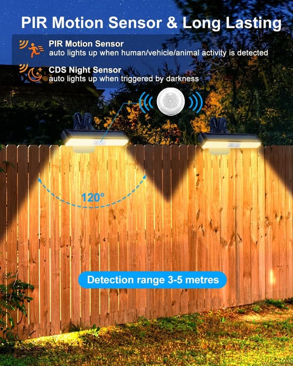 2-pakning utendørs solcellelamper med bevegelsessensor, 3 lysmoduser vanntett solcellelampe utendørs spotlight for hagegjerde (varmt lys)