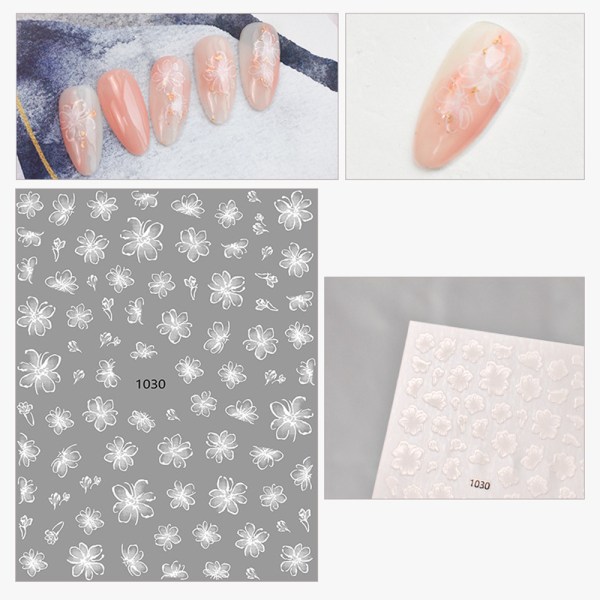 White Flower Nail Art Stickers, 3D självhäftande utsökt