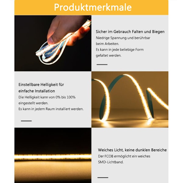 Flexibelt LED-strip kit för garderob, justerbar vit COB LED-strip CRI90+ bred användning hållbar för trappor (5M)