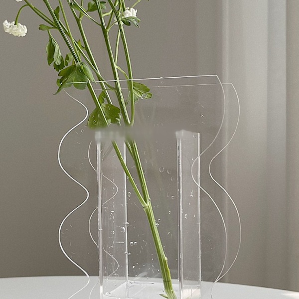 Blomster Vase Moderne Akryl Dekorative Unik Bølget Form Vase for Soverom Stue Bord Transparent