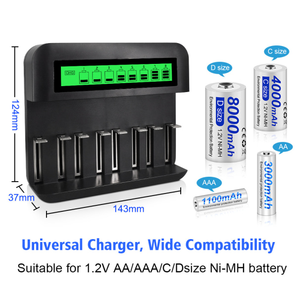 LCD Universal Batterilader - 8 Bay AA /AAA /C /D Batteri