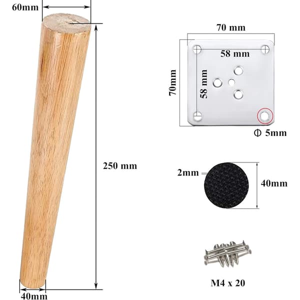 Sett med 4 møbelben, KkvoGmle, Tre, 25cm, Brun