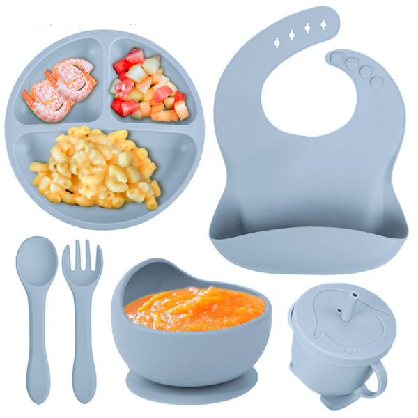 Barnens kompletterande silikonplatta babykompletterande skål smiley platta sexdelad besticksset