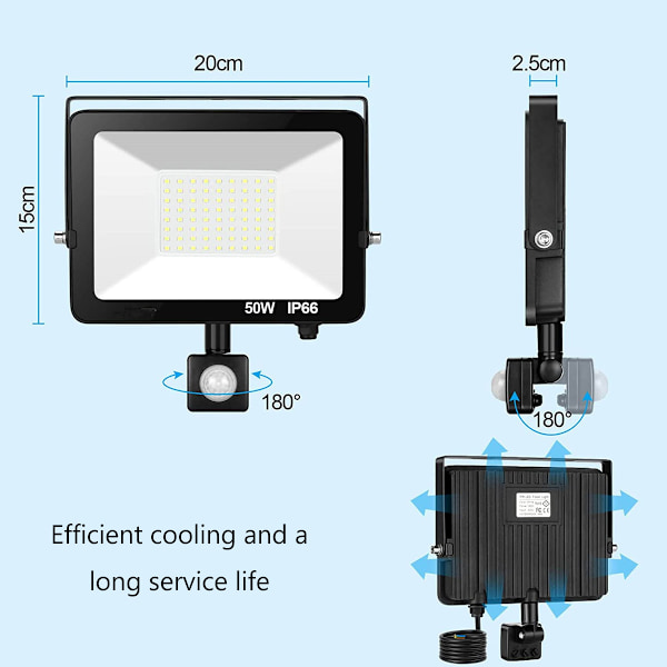 Superstark LED-strålkastare utomhus, energibesparande rörelsesensor säkerhetslampa med IP66 vattentätt skydd, Plug and Play-installation för