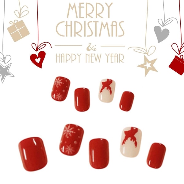 Red Press on Nails Short Christmas Decorations Square Fake