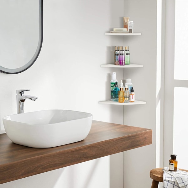 Hörnhyllslösning för badrum och kök, flytande hyllor i konststen med polerad högglansfinish, design för flera användningsområden för hemmet