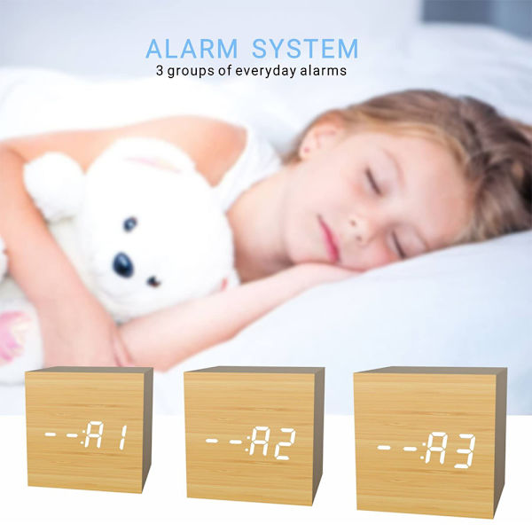 Digital väckarklocka, trä LED-ljus mini modern kub skrivbordslarm