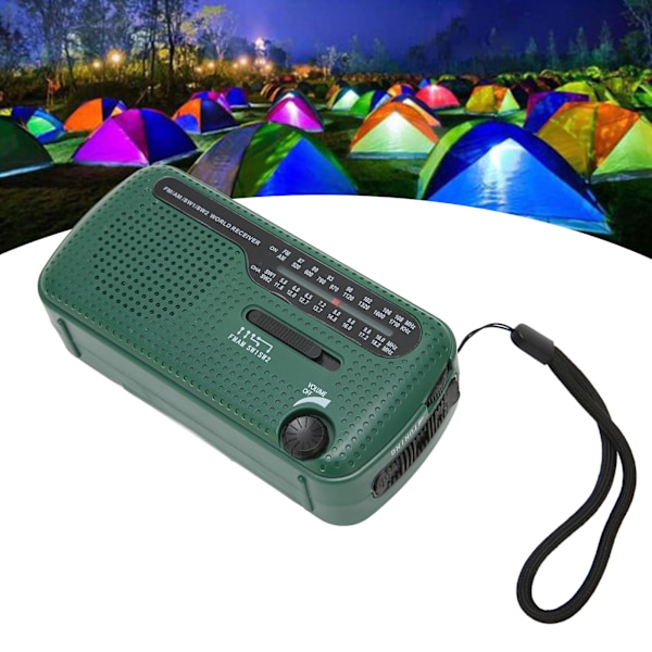 Håndsveiv solradio AM FM SW1 SW2 Camping LED lommelykt Multiband Camping Nødradio for utendørs grønn