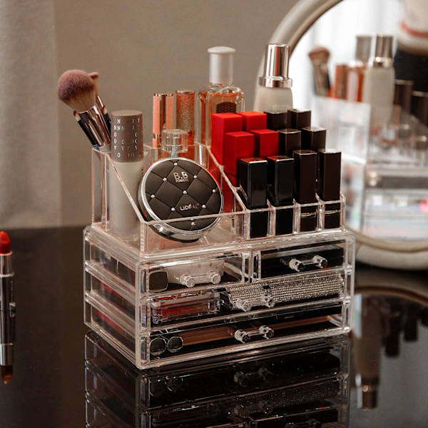 Akryl Klar Makeup Organizer og Opbevaring Stabelbar Hudpleje Kosmetik Display Case med 4 Skuffer Makeup Stativer til Smykker Hårtilbehør