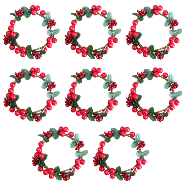 Ljusring för romantisk middag, konstgjorda äppelröda pipbär förhöjer manteldekoren, set om 8, 14 cm diameter (yttre), röd och grön