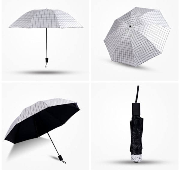 Bärbart Paraply Tri Fold 8 Ribbor Regn Sol Dubbel Användning Vindtätt Vikbart Rutmönstrat Paraply för Utomhusresor Vit