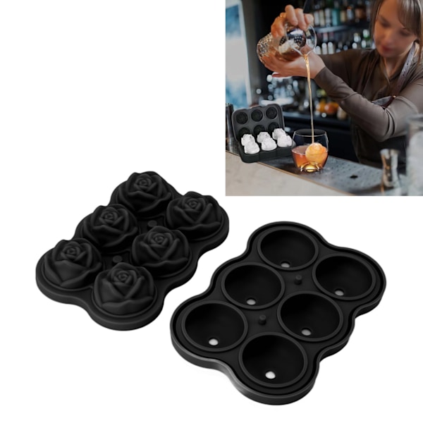 Rose Ice Cube Tray Silikone 6 Terninger BPA-fri Isfremstillingstilbehør med låg til Cocktail Whisky Sort