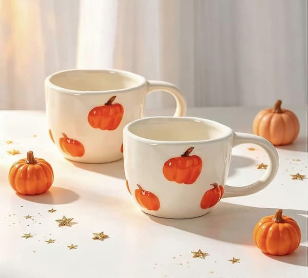 Söt pumpamönstrad keramikmugg, stor frukostkopp för kaffe
