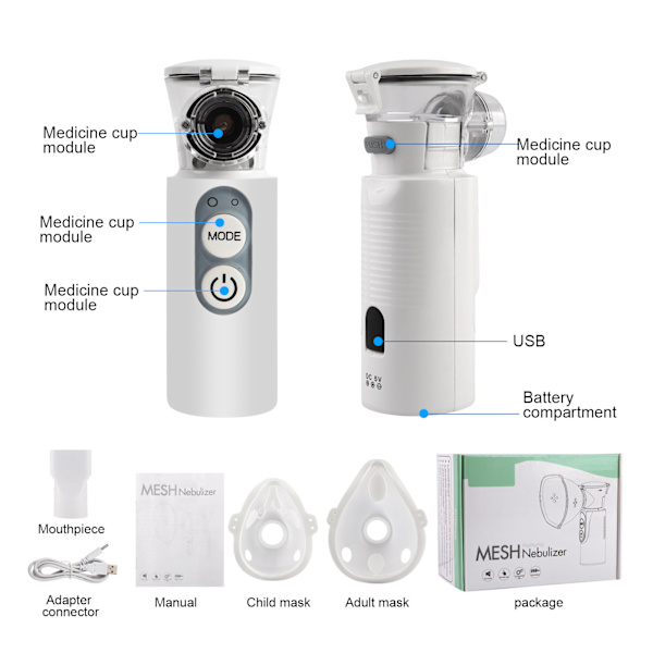 Bärbar Nebulizer Ultraljud Handhållen Mini Mesh Nebulizer Maskin Med Ansiktsmask För Vuxna Barn