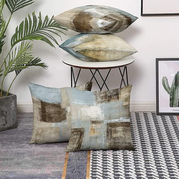 Pudebetræk med designerlook, komfortable og miljøvenlige, abstrakt kunst tilføjer elegance til ethvert rum, grå og blå (4 stk.)