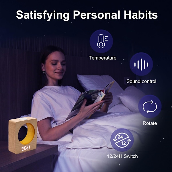 Klocka i massivt trä, stilren trädesign med justerbar volym, displaydimmer, dubbla alarm, snabbare trådlös laddning för sovrum, skrivbord, kontor (högljudd)