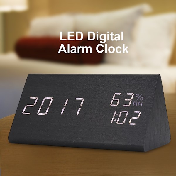Träväckarklocka LED Digital Tid/Temperatur/Fuktighetsdisplay Röststyrning
