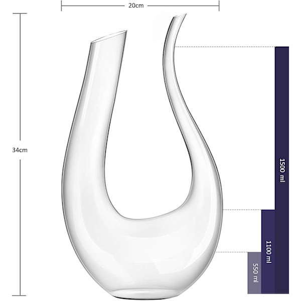 Vinkaraffel, 1,5L U-formet vinkaraffelsett laget av krystallglass, rødvin blyfri glassreling, karaffelglassbelufter vinkaraffel