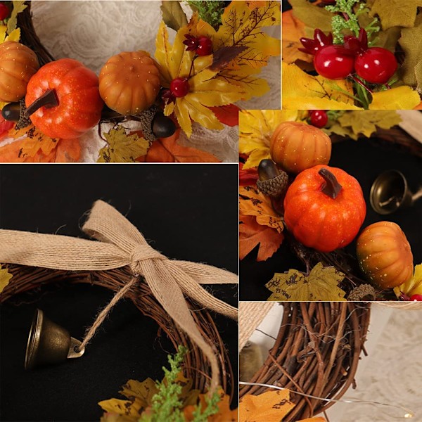 Höstkrans, Höstkrans med livfulla bärdekorationer och färgglada lönnlöv, Elegant ytterdörrsdekoration för Thanksgiving, Lämplig för
