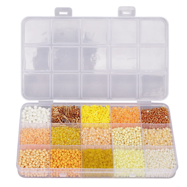 Glass Seed Beads 15 Rom, Sortert Oppbevaringsboks i Plast, Smykkefremstillingsperler for DIY Håndverksprosjekter, Gul