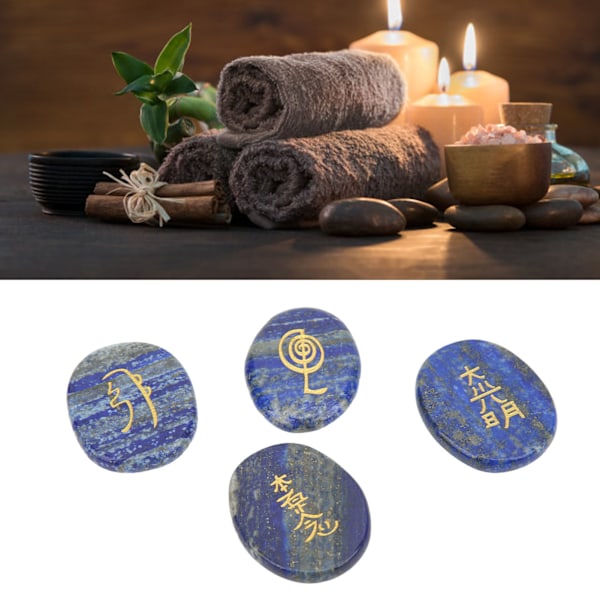 4 stk. Reiki-symbolsten med glattere overflader, indgraverede Reiki-sten til boligindretning, meditationsornament, gave, lapis lazuli