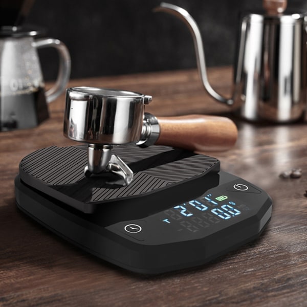 Digital kaffevåg, uppladdningsbar, tydlig display, digital matvåg med timer för hemmakök