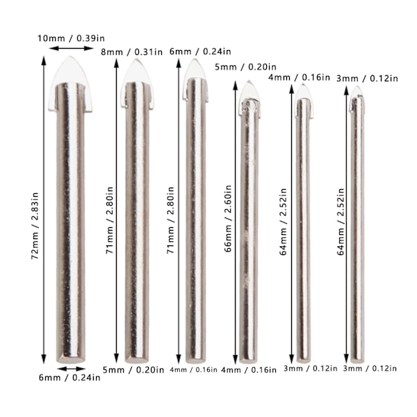 6 stk glassborsett 3 til 10 mm hardlegering nøyaktig stabil ren ryddig åpning glasshullåpner