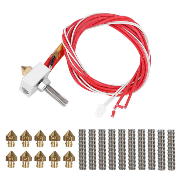 3D-skrivarsträngsprutningsmunstycke med aluminiumvärmeblock 10 st ledningsrör (30 mm) och 10 st 0,4 mm munstycke