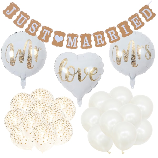 Elegant Bröllopsdekor, Premiumkvalitet Elegans Just Married-paket för Förlovningsfest, Vitt & Guld Tema