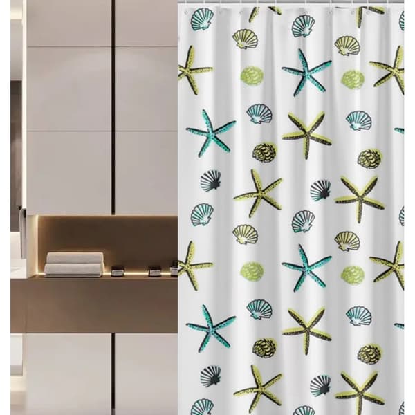 Lättskött och ren duschdraperi med förstärkta öljetter, polyestertygdraperi i hotellstil, snäppfäste inspirerat av Oceanic-tryck för
