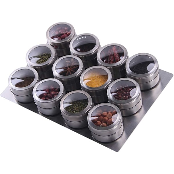 Magnetic Spice Jars, Stainless Steel, 12 Pack with Tray for Kitchen