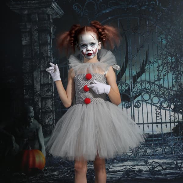 Clown Klänning Barn Mesh Prinsessklänning Set Barn Halloween Performance Kostym