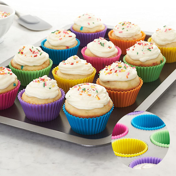 Silikon Bakformar, 24 Färgglada Non-Stick Mini Muffinsformar, Miljövänliga Återanvändbara Cupcakeformar för Lunch & Snacks, 5 cm Diameter