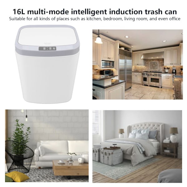 Automatisk soptunna Hushåll 16L Automatisk Elektrisk Intelligent Induktion Soptunna för Kök Vardagsrum Badrum Vit